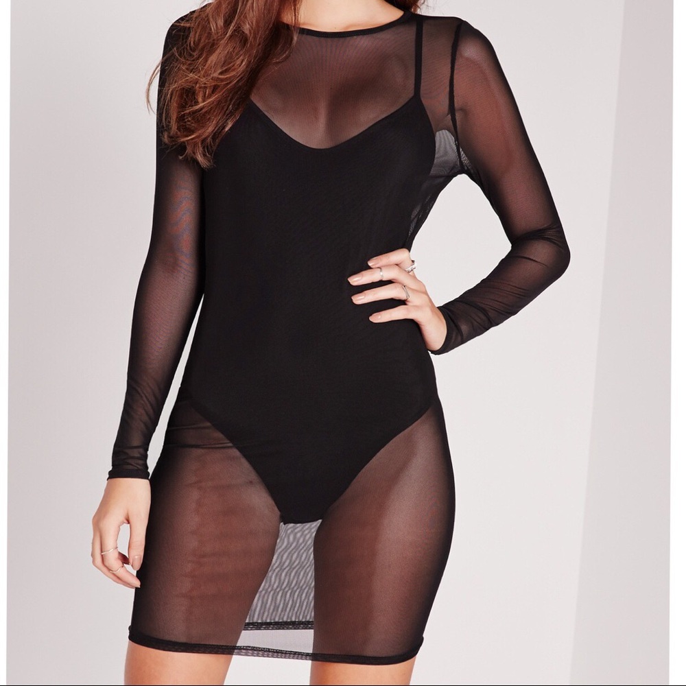 Mesh Long Sleeve Dress -Black